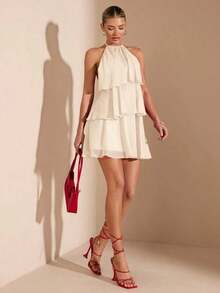 Vestido corto de gasa con hojas de loto en cascada de color rojo sólido, adecuado para citas diarias, salidas nocturnas, discotecas, fiestas, reuniones, fiestas de cóctel, fiestas de piscina, ropa de vuelta al colegio, vestidos de temporada escolar, vestidos de vacaciones, faldas de tul - Beis - Ver 1