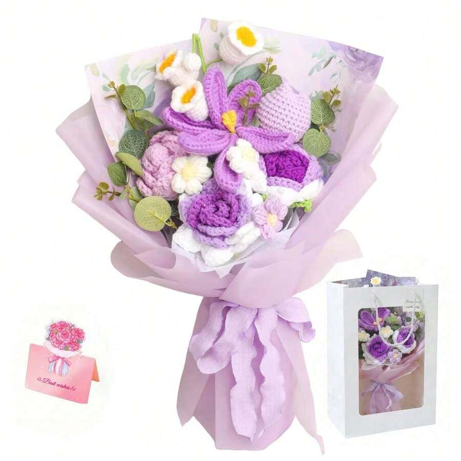 Handmade Purple Crochet Flower Bouquet, Finished Cotton Yarn Roses Tulips With Fern Leaves, Artificial Knitted Flowers Gift For Lover Frien - Purple - View 1