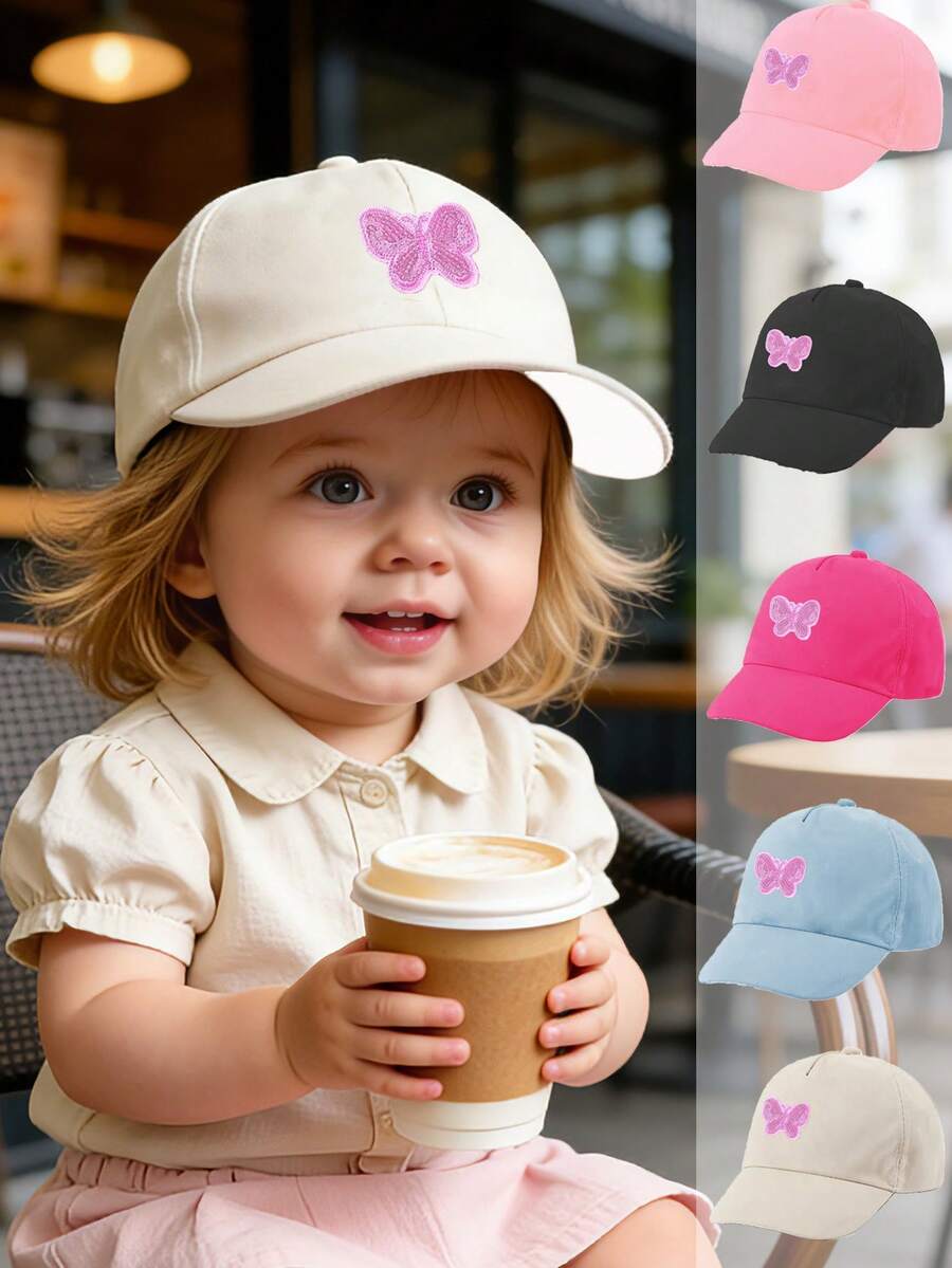 1 Stück Kinder Baseball Kappe, rosa paillettenbesetzter Schmetterling Logo Stickerei, weiches Oberteil Design, multifunktionale Sonnenschutz Baseball Kappe, hochwertige gebogene Krempe, atmungsaktiv und nicht stickig, geeignet für Alter 1-3 Jahre - 1PC - Übersicht 1