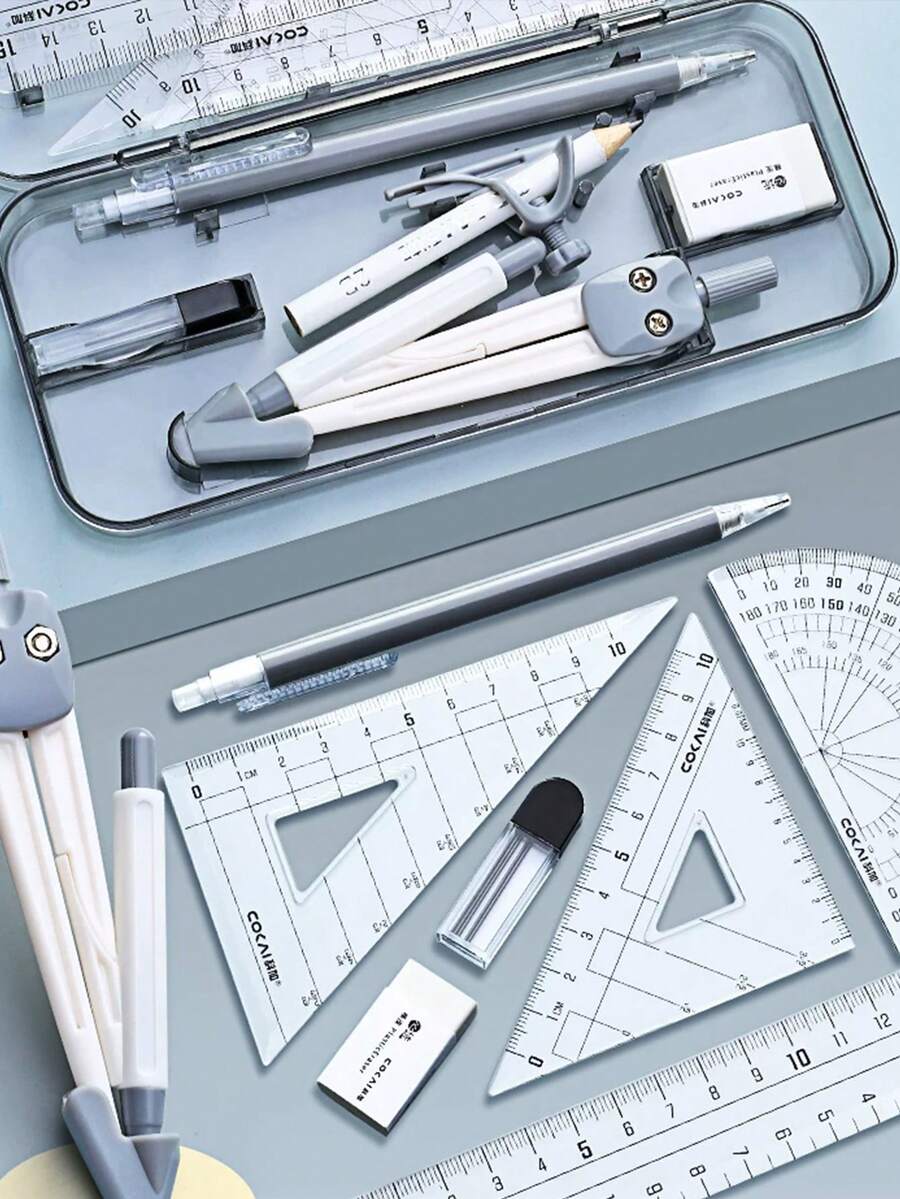 10pcs Compass And Ruler Set, Student Multifunctional Straight Ruler, Triangle Ruler, Protractor, Movable Pencil, Eraser, Complete Set For Exams, Learning And Professional Drawing - Sets - View 1