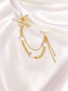 1pc Elegant Star Chain Brooch With Rhinestones, Multi-Layer Tassel Design Anti-Slip Pin, Gold-Plated Five-Pointed Star Lapel Pin, Suitable For Weddings, Parties, Travel, Daily Wear With Suits, Dresses, And Cardigans - Gold - View 6