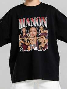 Summer 2026 T-Shirt For Boys, Casual, Soft, Round Neck, Short Sleeve, MANON, Red, With Vintage-Style Graphic Print, Suitable For Everyday Casual Wear. Black. - 黑色 - 查看 3