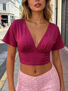 Womens Crop Tops Short Sleeve Deep V Neck Slim Fitted Solid Color Ruched Summer Shirts - Purple - View 2