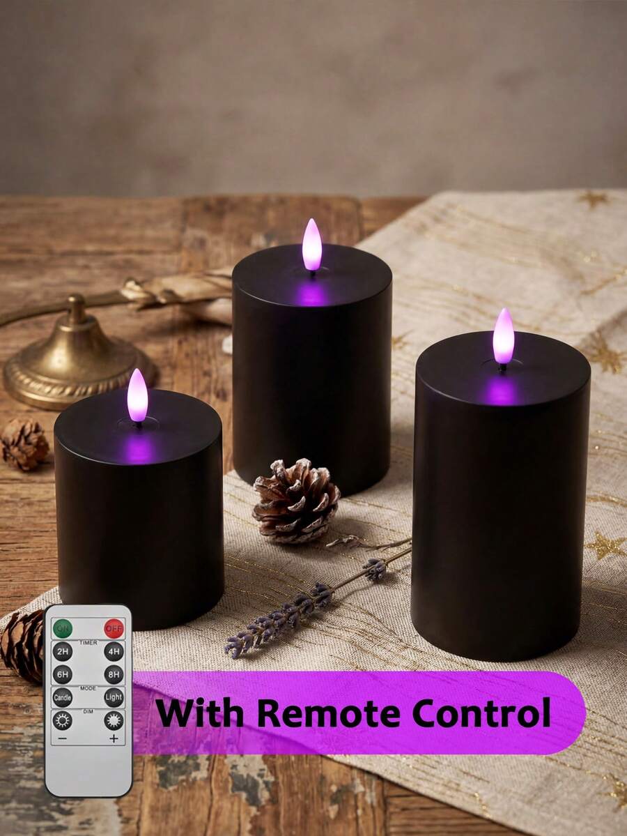 3pcs Flameless Candle Lights With Timer Remote Control, Battery Operated Black Purple Light, Suitable For Christmas, Halloween, Valentine's Day, Mother's Day, Gift, Birthday, Dining Table, Party, Holiday - Black - Purple Light Edition - View 1