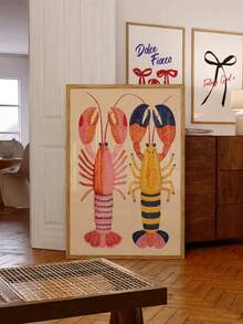 1pc Frameless Stylized Two Lobsters Art Print, Coastal Wall Decor For Bedroom, Dorm, Back To School, Funky Posters, Gift - Shrimp - View 2