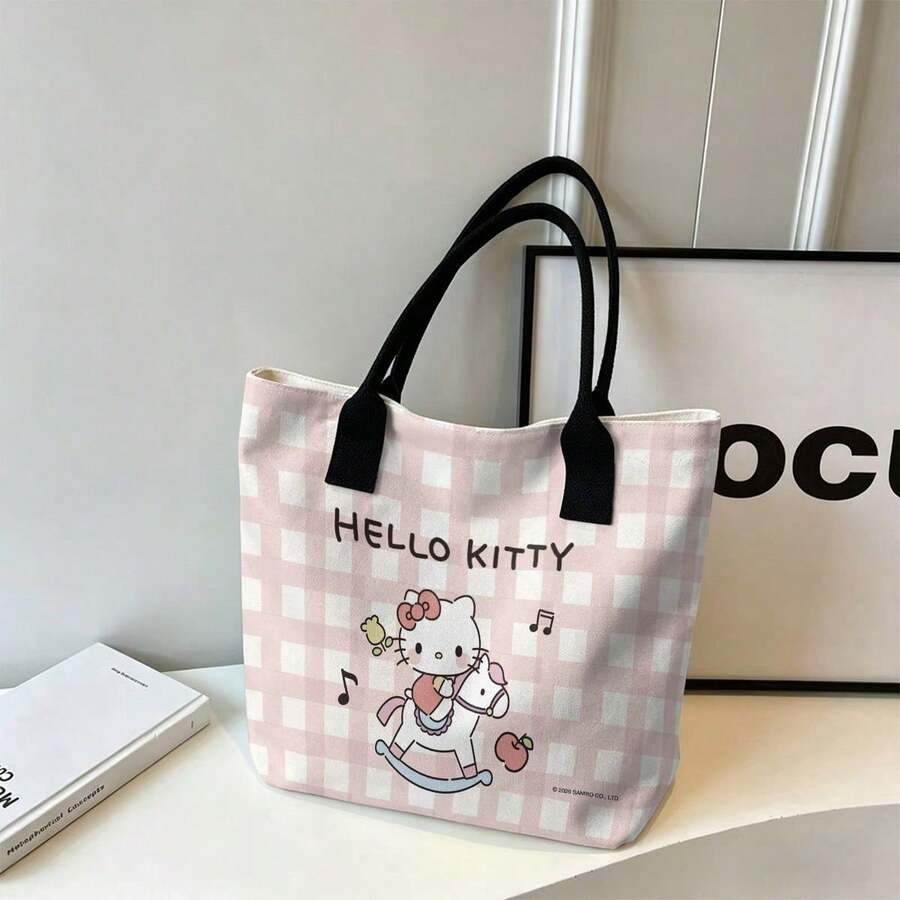 Miniso Bolso de lona con diseño de Rocking Horse de Hello Kitty de Sanrio, bolso de hombro de cuadros rosa para uso diario - Negro - Ver 1