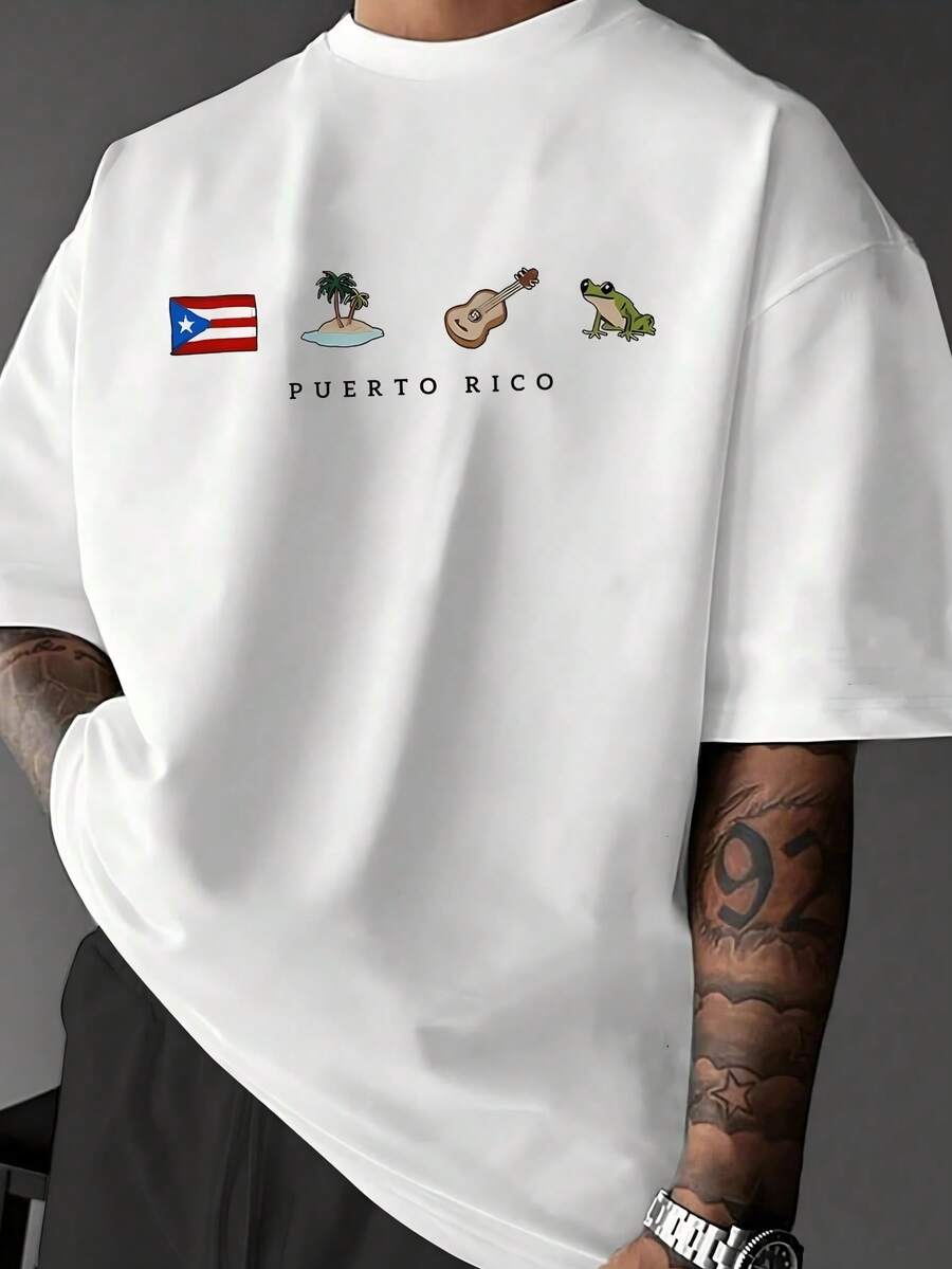 Playeras de hombre, Camiseta Azul Estilo Y2K Estampado Bandera Puerto Rico, Manga Corta Cuello Redondo Casual, Top Masculino Moda Juvenil - Blanco - Ver 1