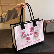 Miniso 玩具總動員 Lotso 托特包 - "Have A Berry Good Day" 印花帆布單肩包，大容量手提包，適用於工作、上學、旅行 & 購物 - 白色 - 查看 3
