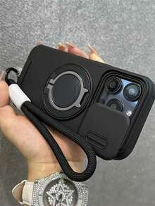 新款滑動窗式支架手機殼，相容 iPhone 16、Apple 15 Pro Max，全包防摔手機殼附掛繩保護套 - 黑色 - 查看 4