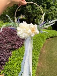 Boho Bridal Hoop Bouquet With Lace Tassel, Artificial Rose & Eucalyptus Handheld Flower Wreath For Wedding, Bridesmaid, Photo Prop - Multicolor - View 16
