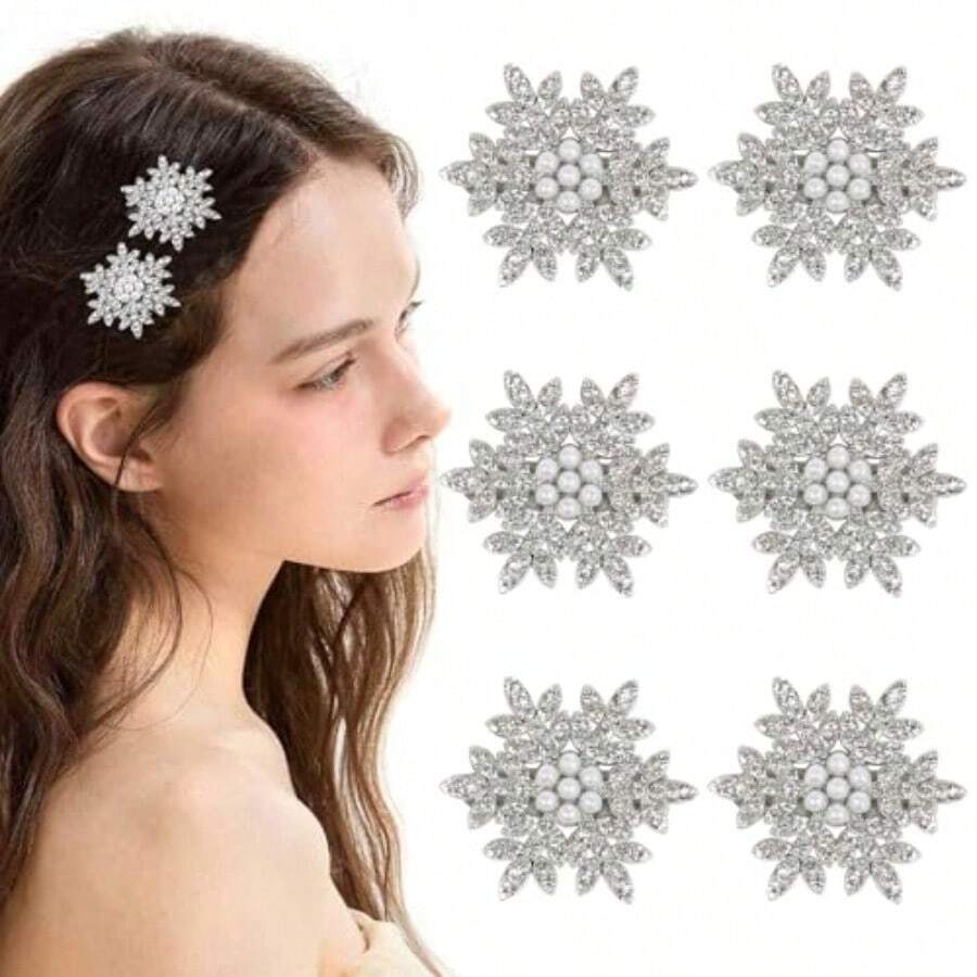 Yqq TEBIEKOY-Snowflake Hair Clips For Women, Rhinestone Hair Clips, Silver Mini Clips With Pearls, Hair Accessories For Weddings, Bridal Parties - Perak - View 1