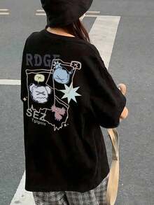 Basic T-Shirts For Women, Oversized T-Shirts, Casual T-Shirts For Women, Funny T-Shirt, Limited Time Offer, Women's Short Sleeve T-Shirt, Japanese Style, Round Neck, Loose Fit, Casual, Versatile, Cartoon Print, White, Spring/Summer. 7N4N - 黑色 - 查看 4