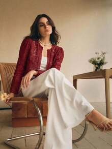 Chaqueta casual de mujer con mangas abullonadas, ribete de encaje floral, cuello redondo, color blanco, adecuada para primavera, vacaciones y tiempo libre - Burdeos - Ver 4