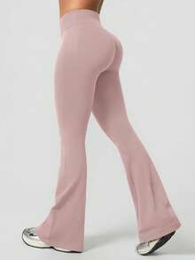 NcmRyu 1 pieza Pantalones deportivos de cintura alta, unicolor, sin costuras, minimalistas, con elástico y efecto levantador de glúteos, de campana, color negro, para primavera - Gris Claro - Ver 6