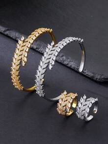 Bộ 2 món vòng tay và nhẫn hở tai hình lúa mì đan xen lấp lánh đá Cubic Zirconia cao cấp, mạ bạc/vàng, đa năng cho đeo hàng ngày, lễ hội, đám cưới, tiệc tùng, quà tặng tốt nghiệp, quà tặng sang trọng dành cho nữ. - Bông lúa mì khảm đá zircon - Xem 1