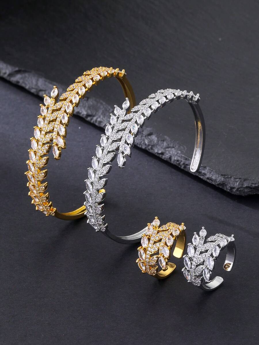 Bộ 2 món vòng tay và nhẫn hở tai hình lúa mì đan xen lấp lánh đá Cubic Zirconia cao cấp, mạ bạc/vàng, đa năng cho đeo hàng ngày, lễ hội, đám cưới, tiệc tùng, quà tặng tốt nghiệp, quà tặng sang trọng dành cho nữ. - Bông lúa mì khảm đá zircon - Xem 1