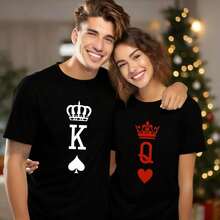 100% Cotton Graphic T-Shirt | Couple T-Shirts 2026 | King Crown Spade Queen Crown Heart Graphic T-Shirt | Suitable For Valentine's Day And Casual Wear | Gifts For Men And Women - 黑色 - 查看 3