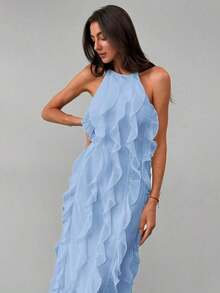 Elegante vestido de volantes de múltiples capas para vacaciones, con estilo fluido y divino, para primavera/verano - Azul - Ver 1
