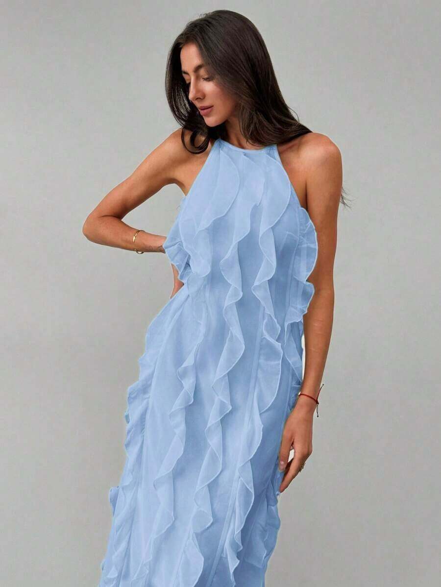 Elegante vestido de volantes de múltiples capas para vacaciones, con estilo fluido y divino, para primavera/verano - Azul - Ver 1