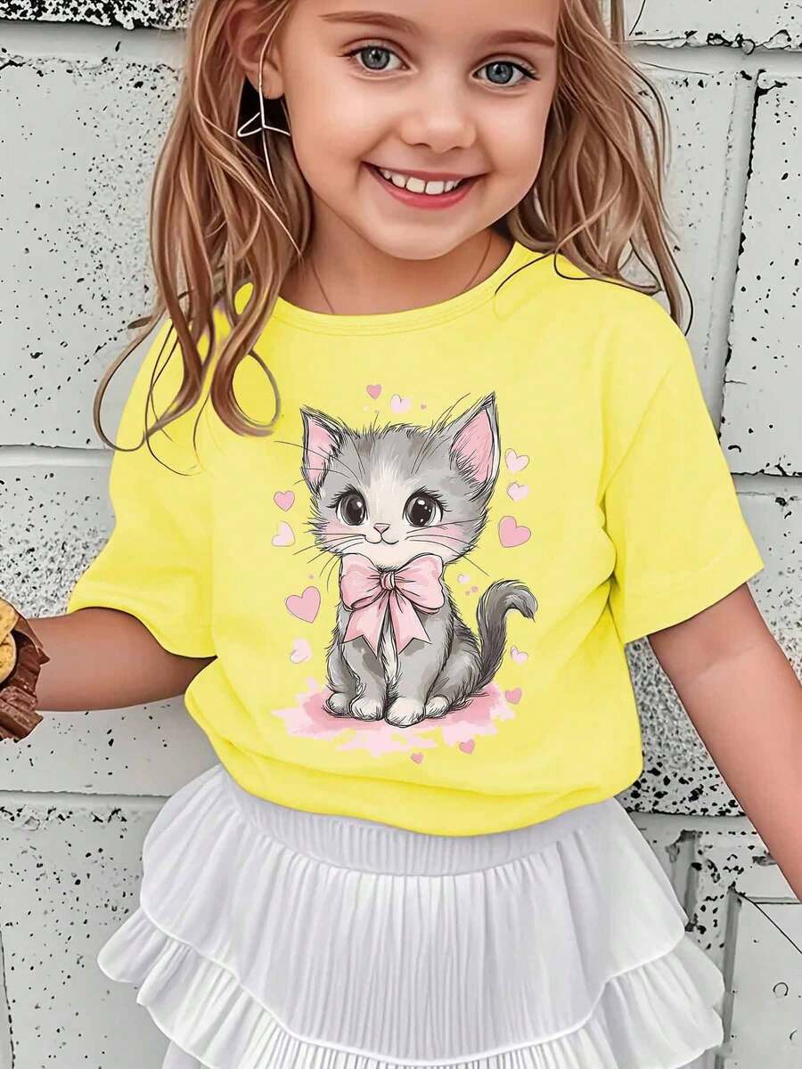 Fashionable Summer Short-Sleeved T-Shirt For Girls With A Cute Kitten Wearing A Pink Bow And Cartoon Heart Print, A Versatile Casual Top NY-DX7374 - 黃色 - 查看 1