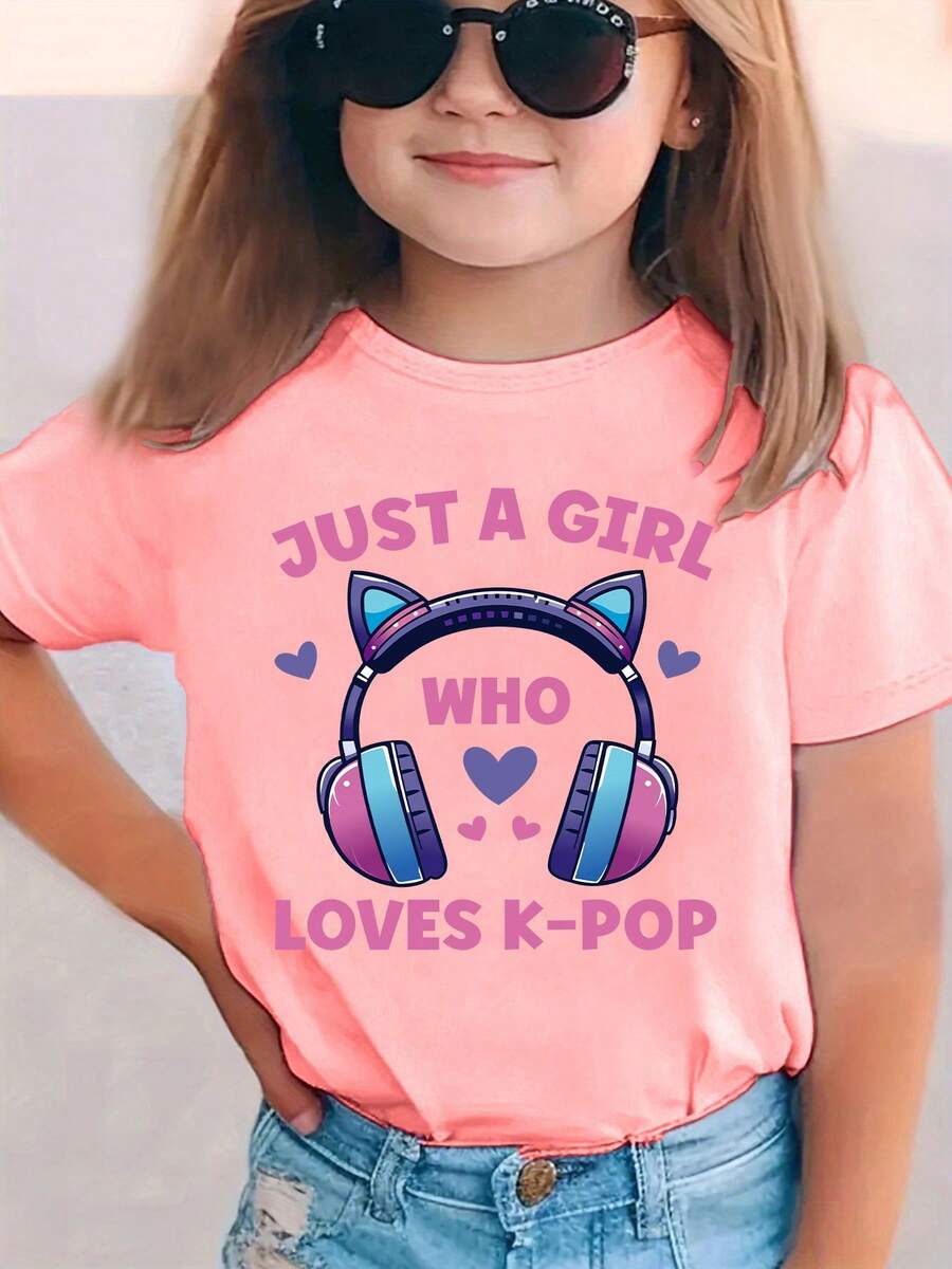 Girls' Short Sleeve T-Shirt, Summer Fashion, With "JUST A GIRL WHO LOVES K-POP" Cartoon Print For Over-Ear Headphones, Casual Top That Matches Everything, NY-DX7544 - 灰色 - 查看 1