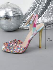 Square Toe High Heel Slip-On Sandals, Fashionable For Spring & Summer - Pink - View 4