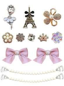 Enfeites de sapato perfurados com a Torre Eiffel, laço de strass delicado para meninas, ideais para sapatos de plástico. - Rosa - Ver 7