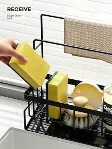 Organizador de fregadero de cocina, cesta escurridor de esponjas de encimera, estante de almacenamiento de líquido lavavajillas, colgador de paños de cocina, estante colgante de almacenamiento multifuncional - Negro - Ver 5