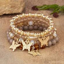 Women's Butterfly Beaded Bracelet Set, Elastic Chain Bangle With Pink Acrylic Beads, Bohemian Party Jewelry Gift, 4 Pieces. - 5 - View 4