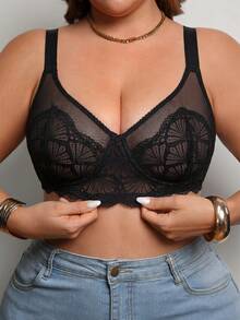 Plus Size Women's Sheer Lace Underwire Bra - Comfortable & Breathable, Full Support, Adjustable Straps - Black - View 9