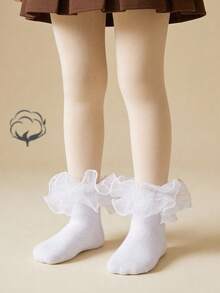 1 Pair Cotton All-Season Children Middle/Small Kids Solid Color Lace Ruffle Ankle Socks, Suitable For Dance, Princess Baby Socks - White - View 5