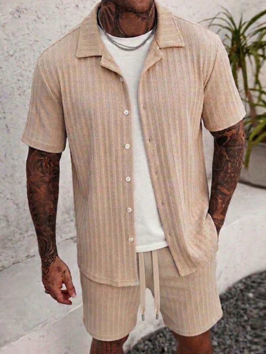 Men's Casual Ribbed Short-Sleeve Button-Down & Shorts Resort Set