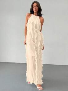 Vestido elegante sin espalda con volantes y capas, estilo de diosa grácil, adecuado para vacaciones, primavera/verano - amarillo ganso - Ver 6