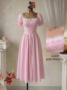 MEXGlamine Charm Vestido largo con estampado floral, mangas de globo, cintura con lazo y encaje patchwork para mujerMEX 6UUH - Rosa - Ver 3