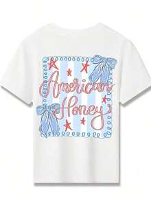 American Honey Kids' Short Sleeve T-Shirt With 4th Of July Cartoon Print, 180g, Soft, Comfortable And Breathable, Suitable For All Seasons, Perfect For Boys And Girls For Everyday Wear, School And Casual Sportswear. An Ideal Crew Neck T-Shirt For Holiday Parties, Gatherings, Outdoor Activities And Travel. - 軍綠色 - 查看 3