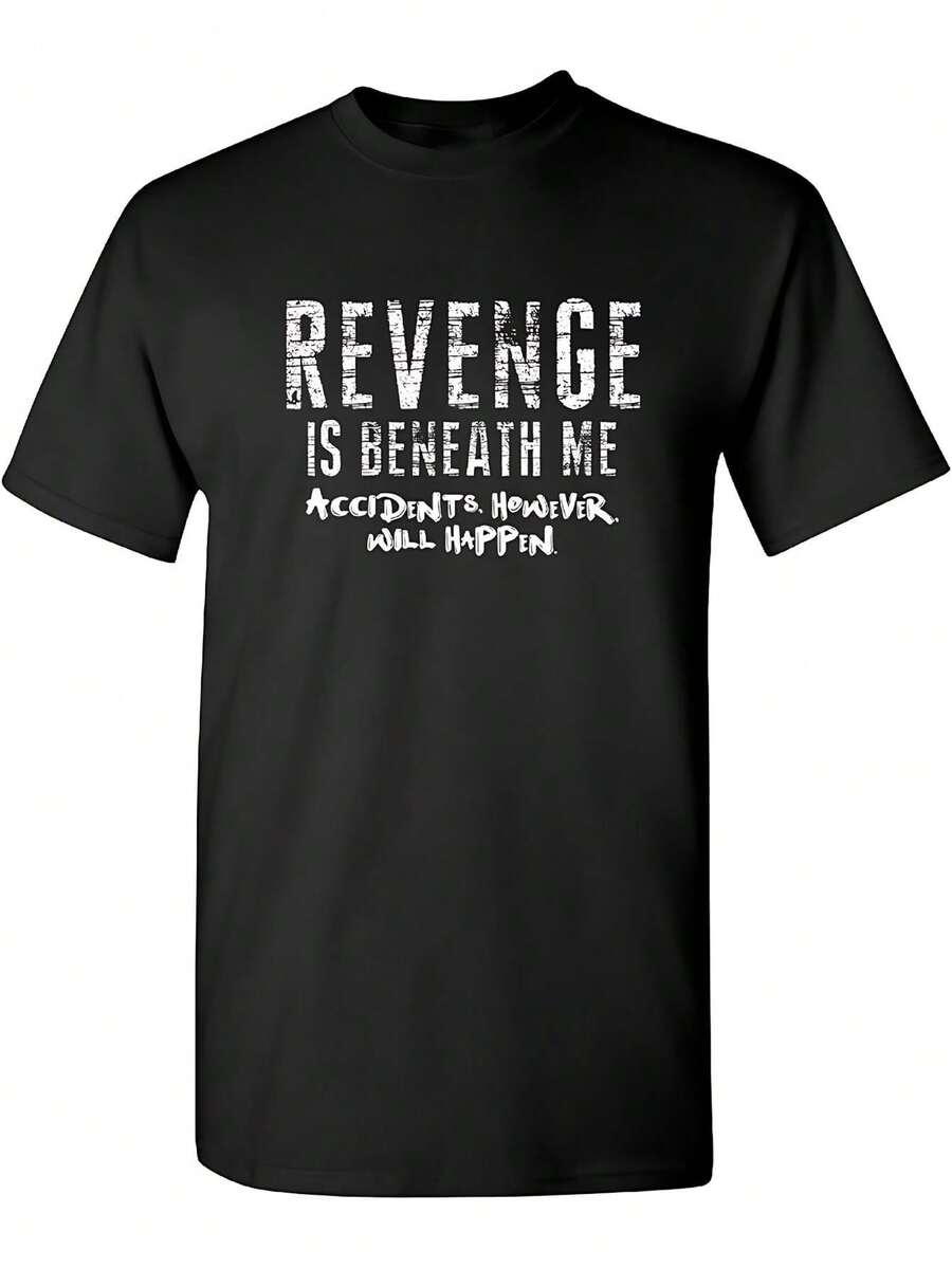 "Revenge Is Under My Control" Humorous Graphic T-Shirt | Regular Fit, Crew Neck, Slightly Stretchy Fabric, Print, Suitable For All Seasons, Available In Plus Sizes For Men. - 黑色 - 查看 1