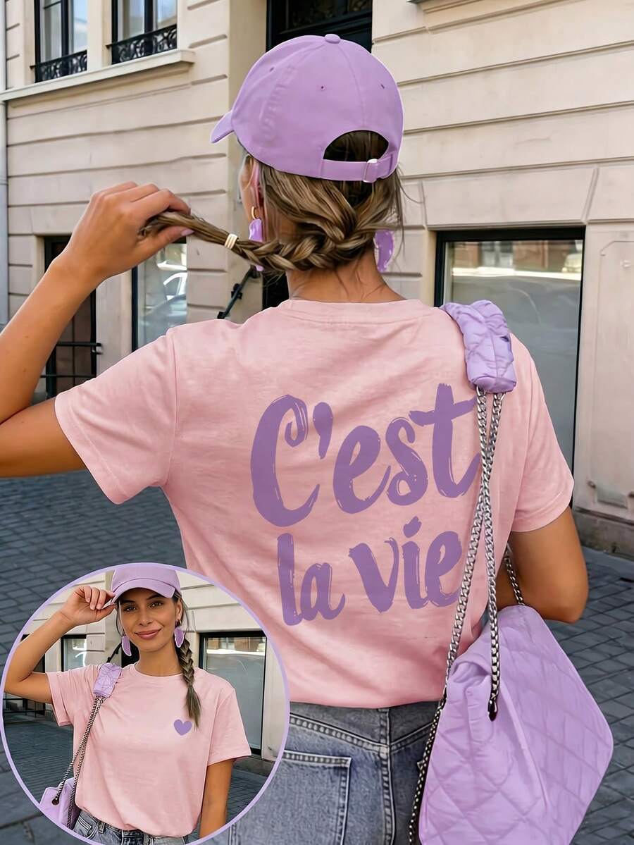 修身短袖T恤,正面紫色愛心圖案,背面「C'est La Vie」法文標語圖案,白色夏季休閒上衣 粉色 - 粉色 - 查看 1