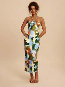 Vestido ajustado sin espalda con estampado tropical casual de vacaciones, conjunto de verano para mujer, atuendo de playa para mujer, vestimenta occidental para mujer, atuendo de concierto para mujer, boho, vacaciones tropicales, vestidos bohemios para mujer, vestidos tropicales para mujer, vestidos para mujer, nuevos lanzamientos de vestidos de vacaciones para mujer, atuendos de vacaciones para mujer - Multicolor 2 - Ver 4