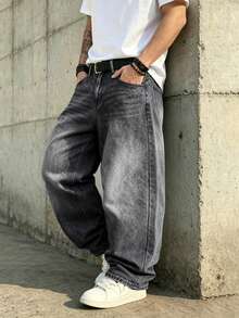 1 pièce Jeans vintage délavé à coupe ample et jambe large pour hommes, sans stretch, convient pour le casual et le travail - Gris foncé - Voir 5