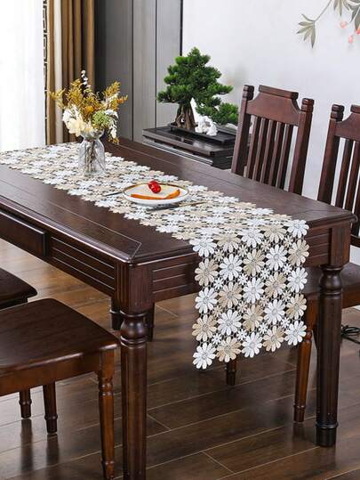 HXARTMIS 1pc Elegant Hollow White Sunflower Lace Tablecloth, Table Runner, Rectangular, Table Cover Fabric, Modern Center Decor, Embroidered, Polyester, Outdoor Garden, Dining Room, Kitchen, Living Room, Cafe, Home Decor, New Year, Wedding, Mother's Day And Other Holiday Decorations, Multiple Sizes Available