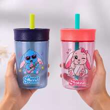 1pc Sweet Rabbit Cartoon Straw Cup Set - Blue & Pink Color Design - Leak-Proof & Splash-Proof Party Cup - Summer Essential Cold Drink Cup - Suitable For Birthday Party, Back To School, Picnic - Cute Rabbit Theme - View 5