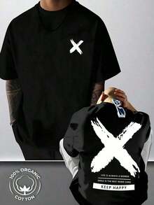 Ledig kortärmad T-shirt för män, perfekt för sommaren, tillverkad av ren bomull, med ett "X"-mönstertryck, retro streetwear-stil, trendig och mångsidig, enkel och avslappnad, lämplig för vardagsbruk och utomhusaktiviteter, maskintvättbar, enkel T-shirt. - Svart - Visa 1