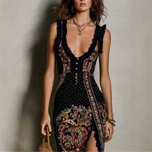 2026 European And American Women's Clothing,, Digital Print, Sleeveless Top, Slit Long Dress - 黑色 - 查看 5
