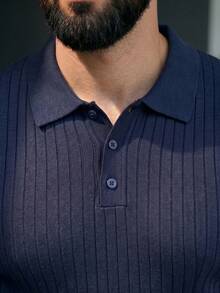 男士寬鬆薄款高級針織條紋飛機領短袖，涼爽舒適夏季時尚休閒必備單品 - 藏蓝色 - 查看 6