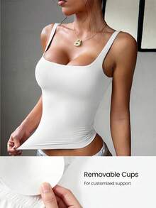 Women's Sports Casual Knit Square Neck Backless Camisole Tank Top, Built-In Chest Pads, Solid Color Slim Fit, Suitable For Yoga, Training, Daily Wear - 白色 - 查看 2