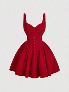 Vestido con estampado floral vintage decorado con botones - Rojo - Ver 12