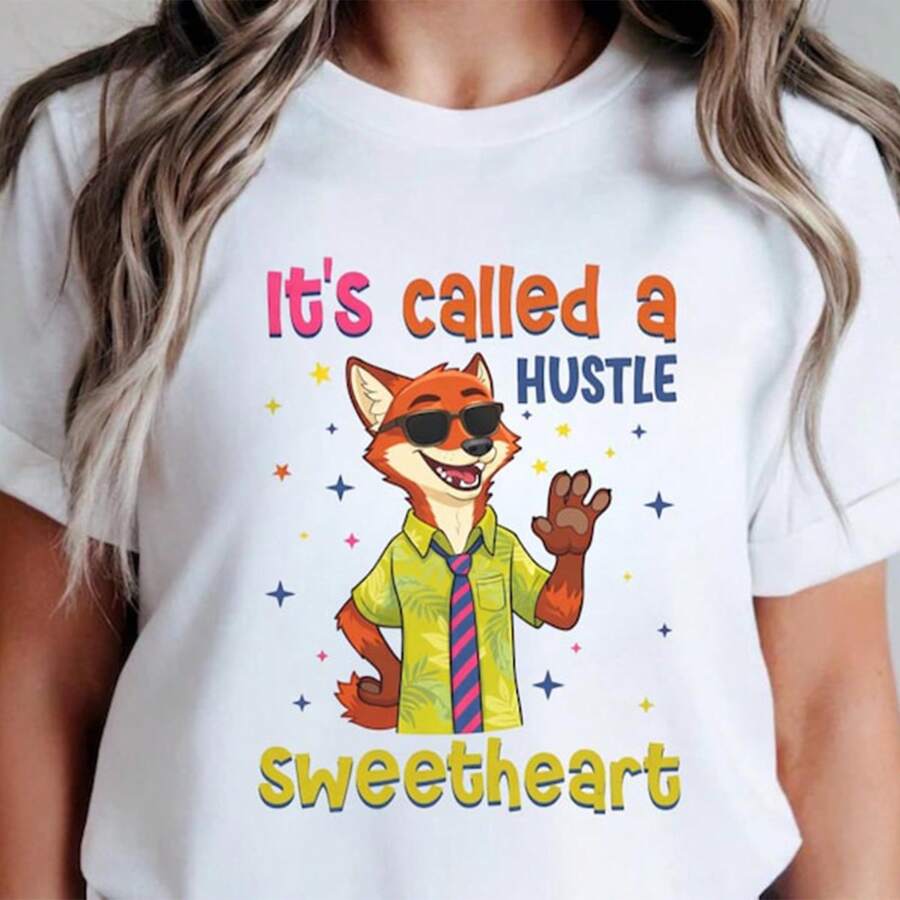 Disney Its Called A Hustle Tee Zootopia Tshirt Nick Wilde Jtshirt Oversized Ultra Loose 100% Cotton For Women, Suitable For Daily Outings Summer Casual Wear - 白色 - 查看 1