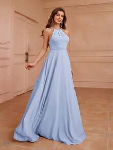 Aureia Vestido de dama de honor con escote halter, espalda baja, cintura recogida, silueta en línea A, diseño asimétrico con volantes en la espalda - Óxido marrón - Ver 12