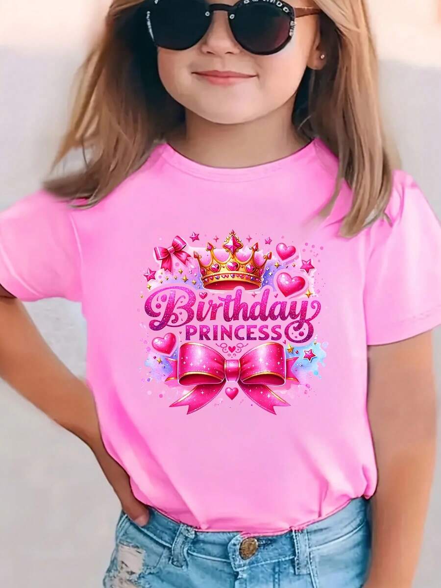 Camiseta de manga corta para niñas, moda de verano, CORONA DE PRINCESA, estampado de dibujos animados con lazo, top casual y versátil para cumpleaños, NY-DX7679 - Rosa - Ver 1