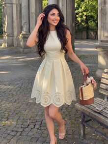 xheModelyn Vestido de línea A con cintura recogida, sin mangas, con elegante estampado floral en color albaricoque, adecuado para primavera y veranoxhe - Albaricoque - Ver 4